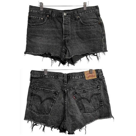 Levis 501 Shorts Womens 32 Black Denim Distressed Raw Hem Cutoff High Rise - Picture 1 of 12